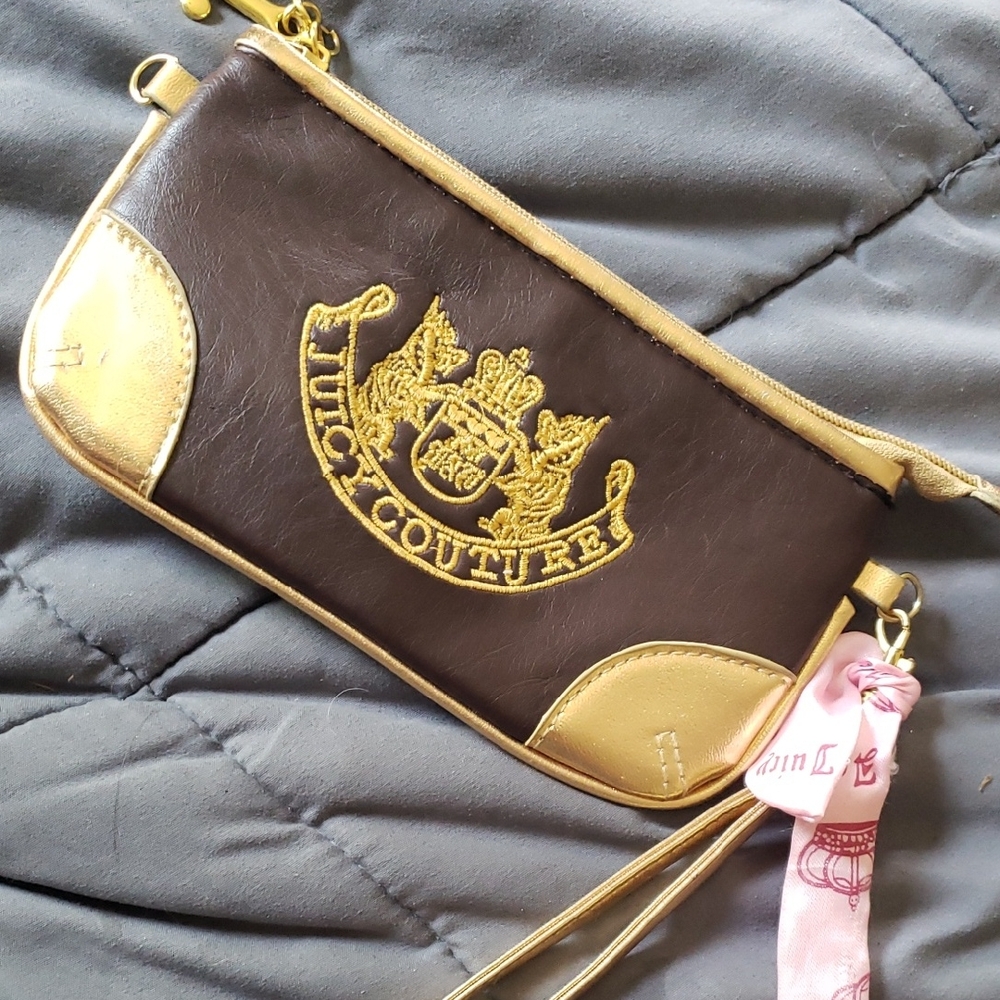 Juicy Couture Brown and Gold Clutch with Logo Design